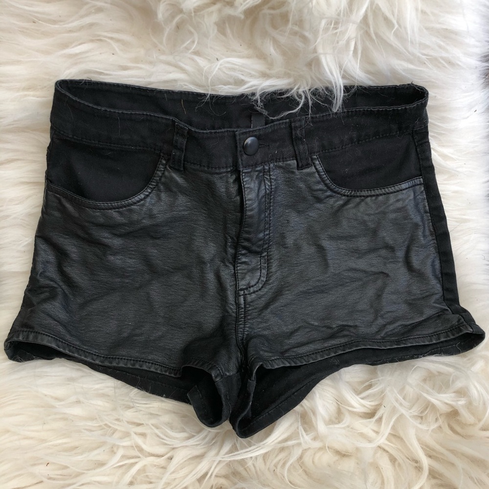 Denim and Faux Leather Shorts